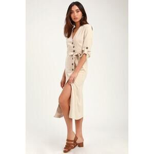 Lulus Pull Me Close Light Beige Suede Button-up Midi Dress - Size M